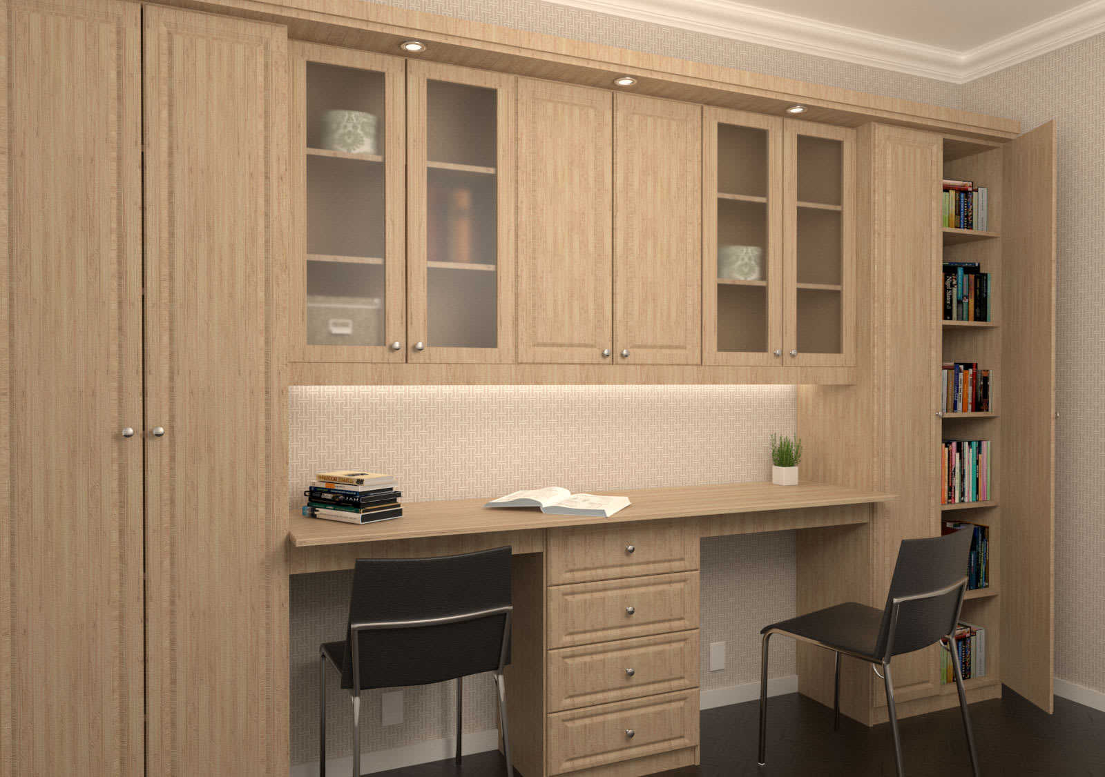 Light oak home office with glass-front upper cabinets