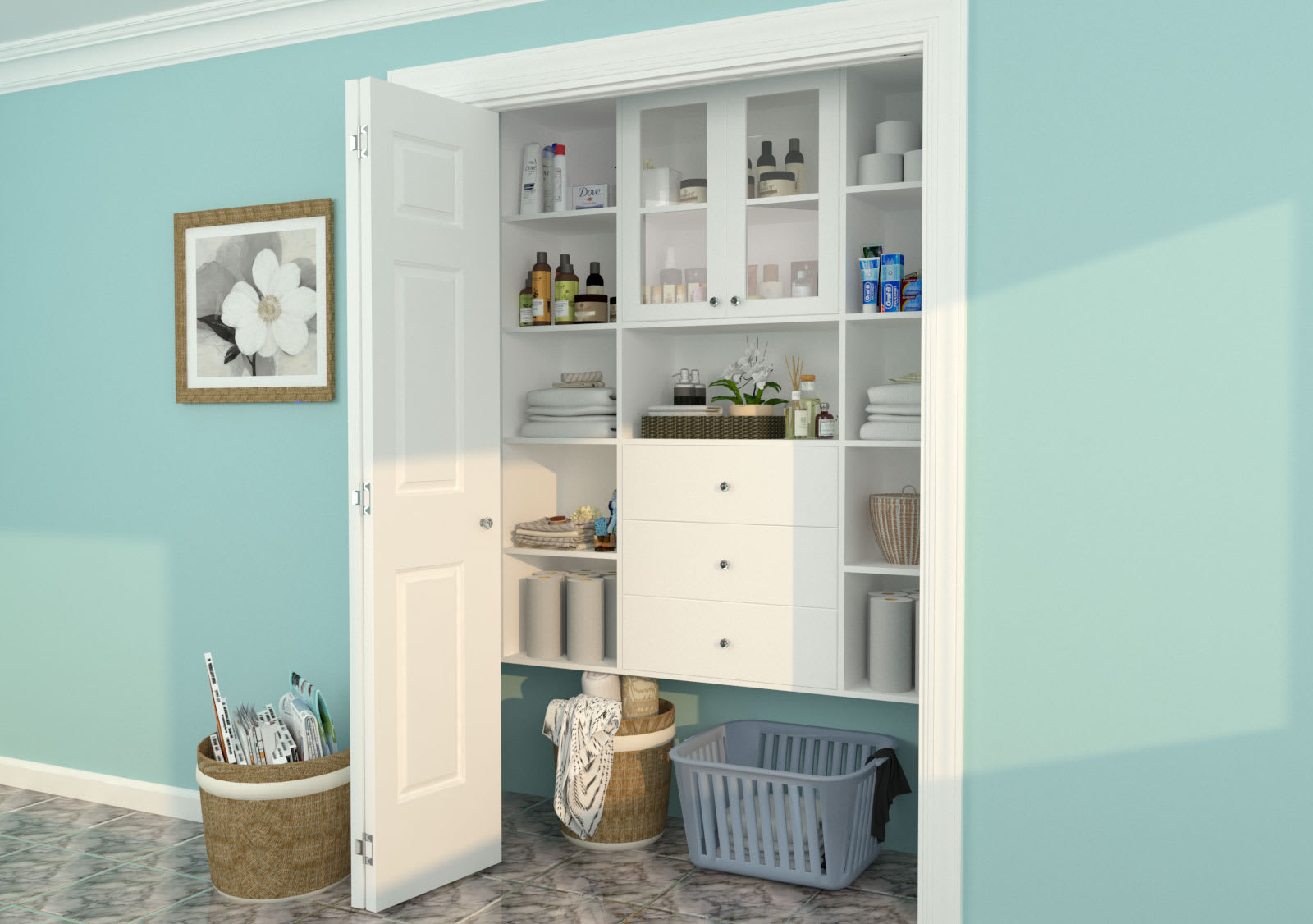 Custom linen closet with adjustable shelving