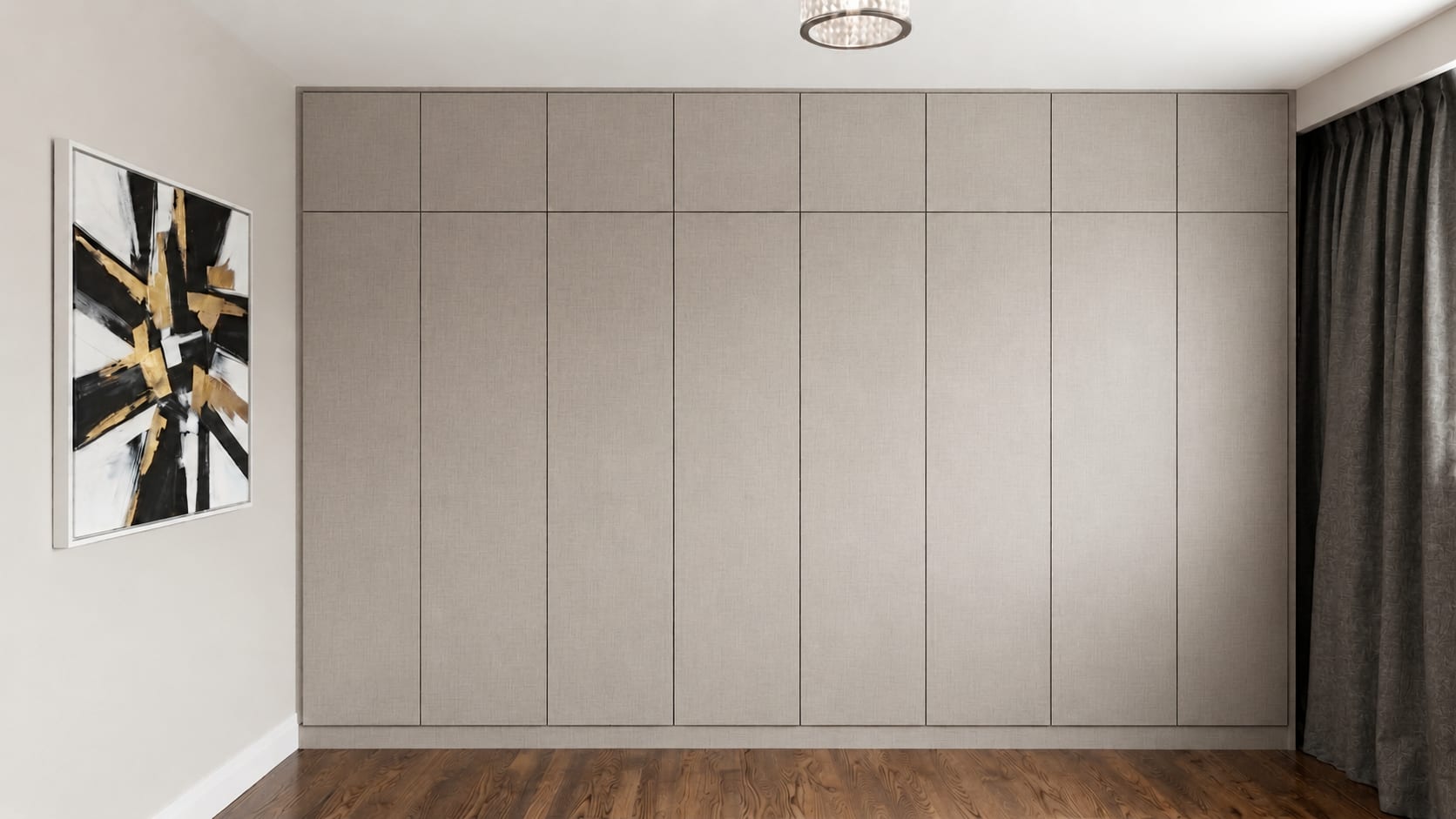 Floor-to-ceiling custom wardrobe in a soft linen-textured finish