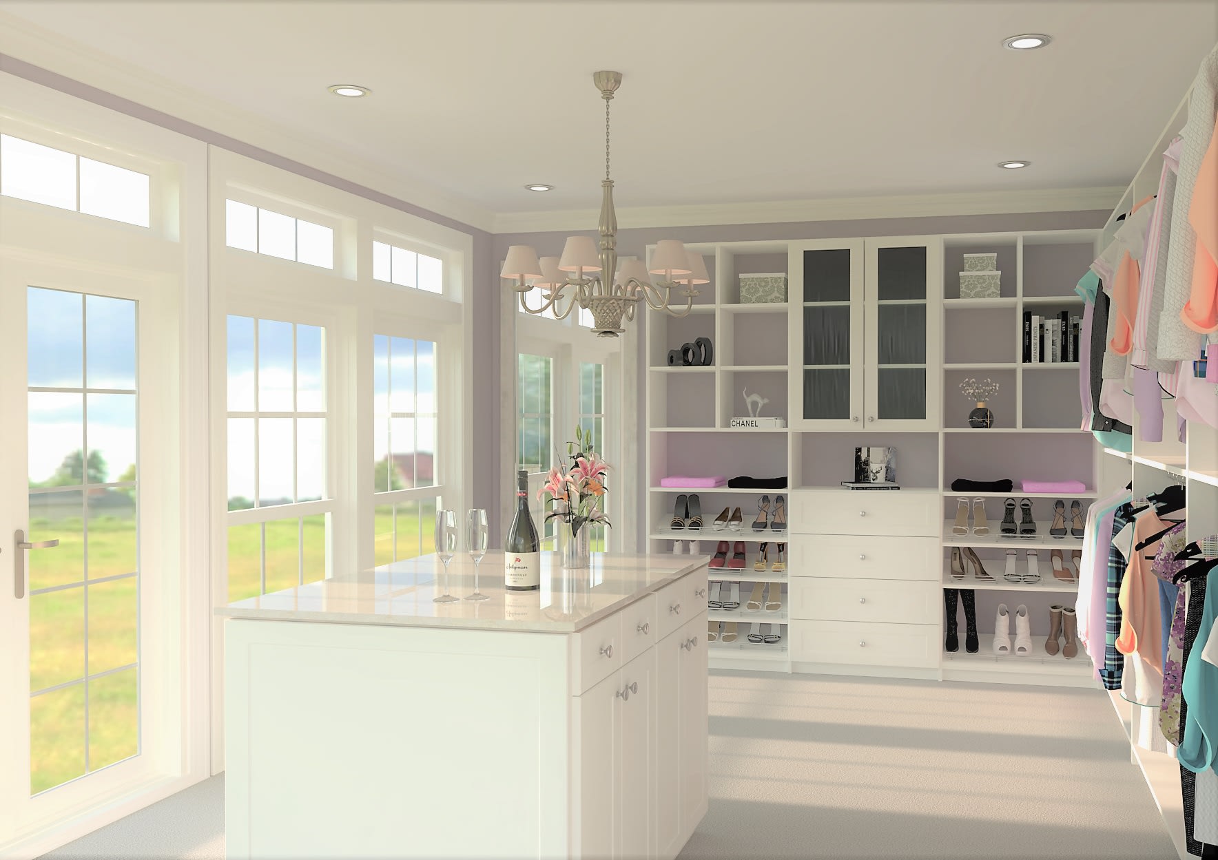 Luxury walk-in closet with island and chandelier