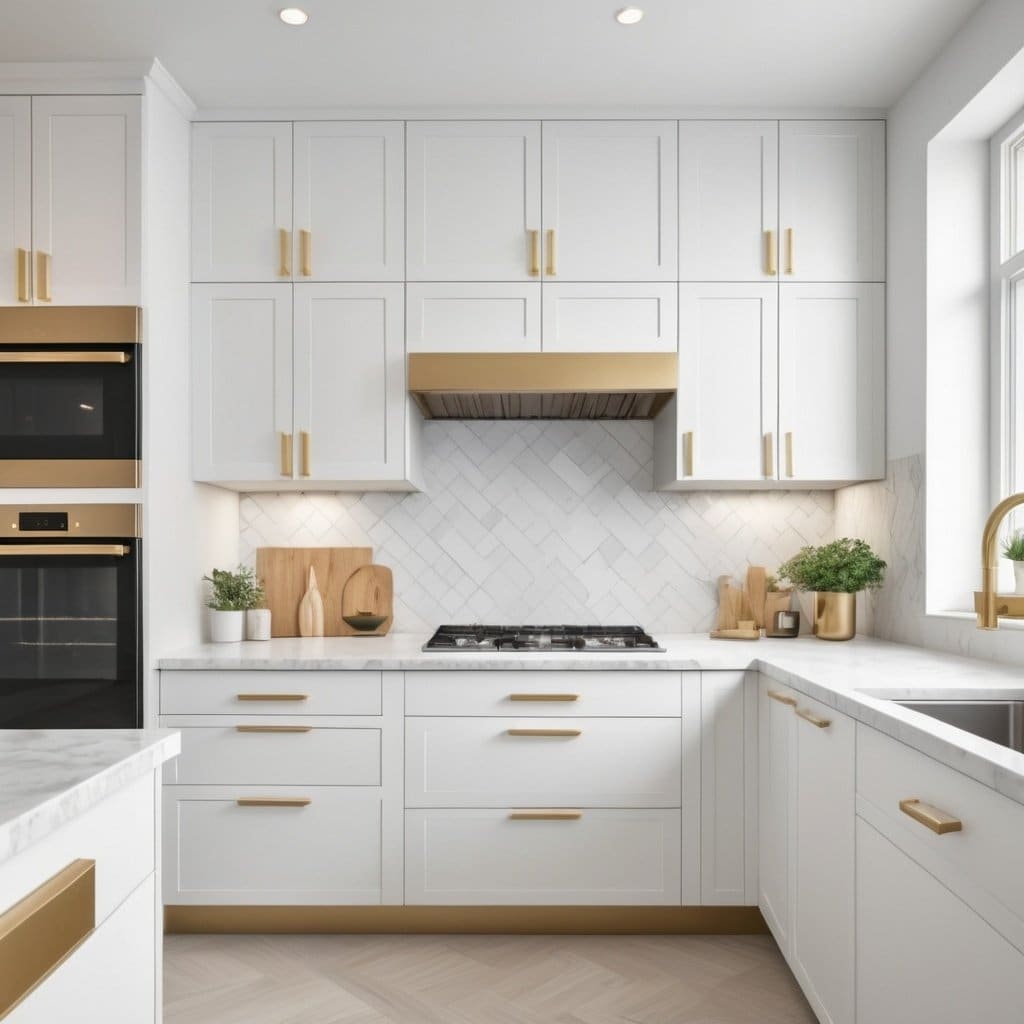 Modern custom kitchen with gold hardware and full-height cabinetry