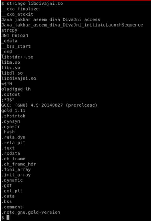 Output of strings command on libdivajni.