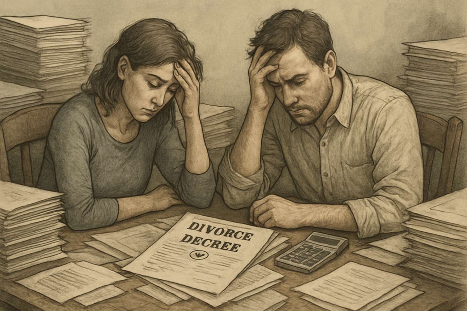 Stressed couple overwhelmed by legal paperwork and expenses during divorce