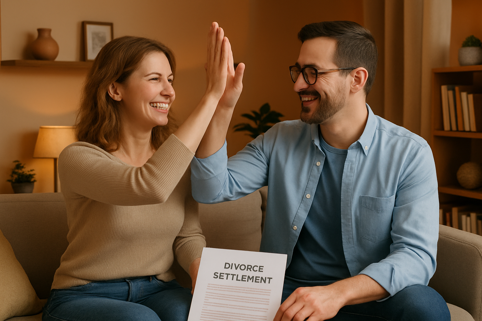 Relieved couple celebrating their successful divorce settlement at home