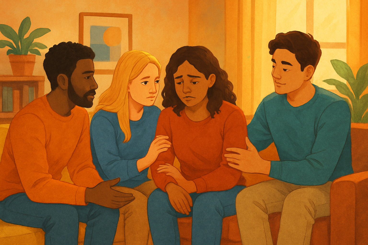 Supportive friends engaging in conversation in a cozy setting