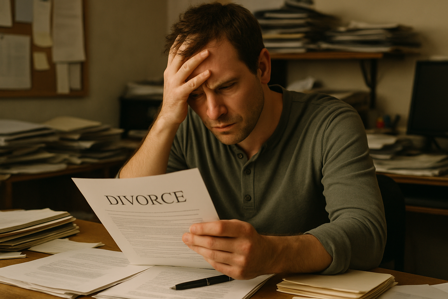 Person stressed while reviewing divorce documents at a desk