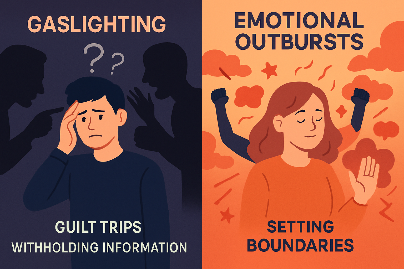 Illustration of manipulative tactics in divorce: gaslighting, guilt trips, withholding info, emotional outbursts.