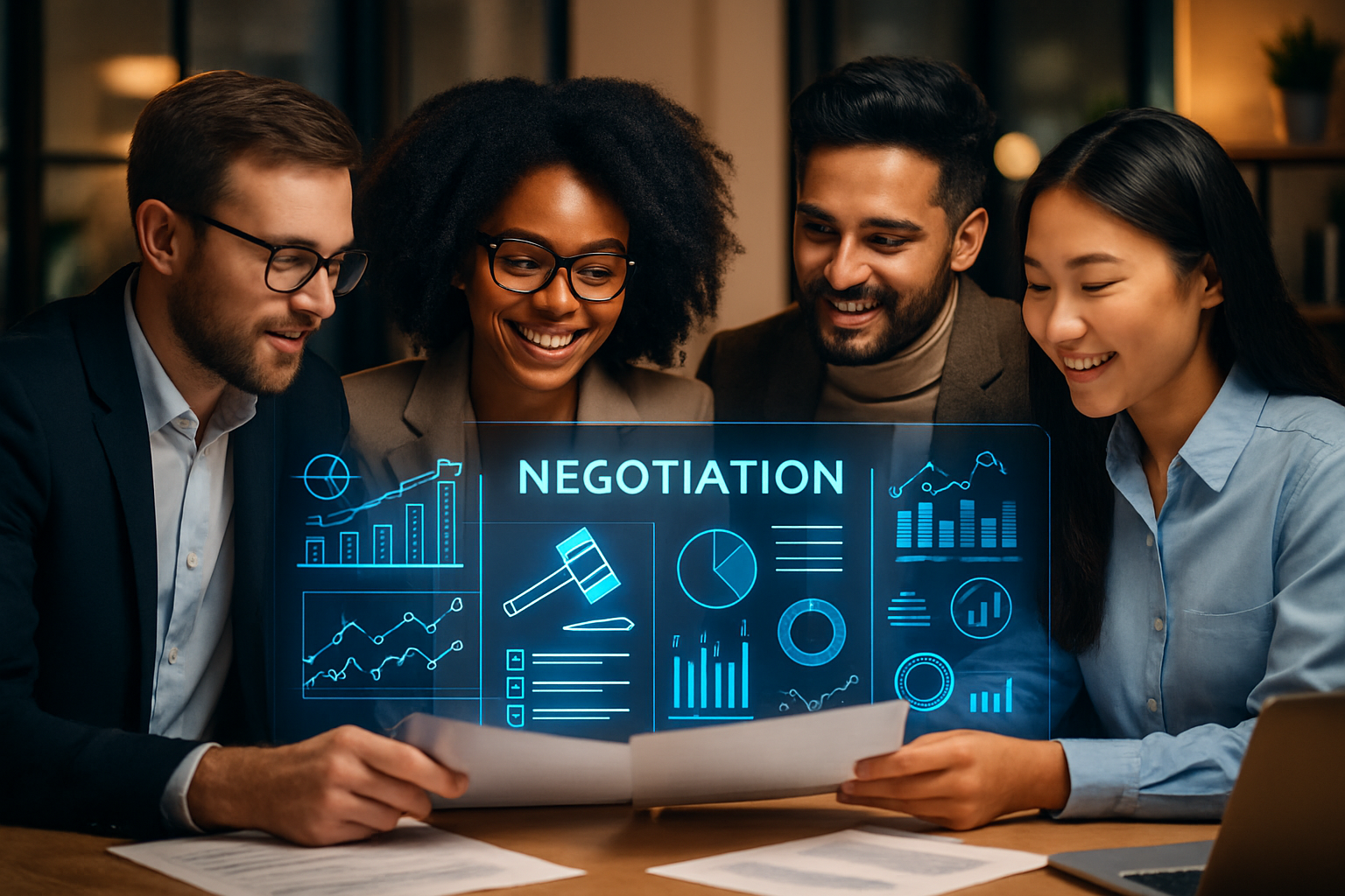 Diverse team collaborating on negotiation strategies with digital tools.