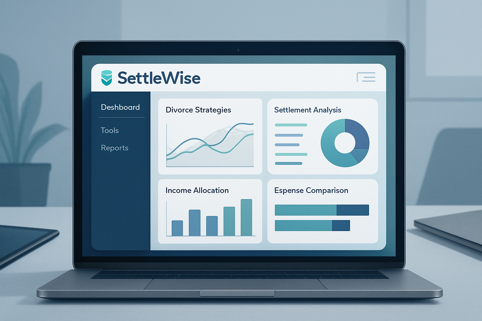 SettleWise digital dashboard showcasing analytical tools for divorce strategies.