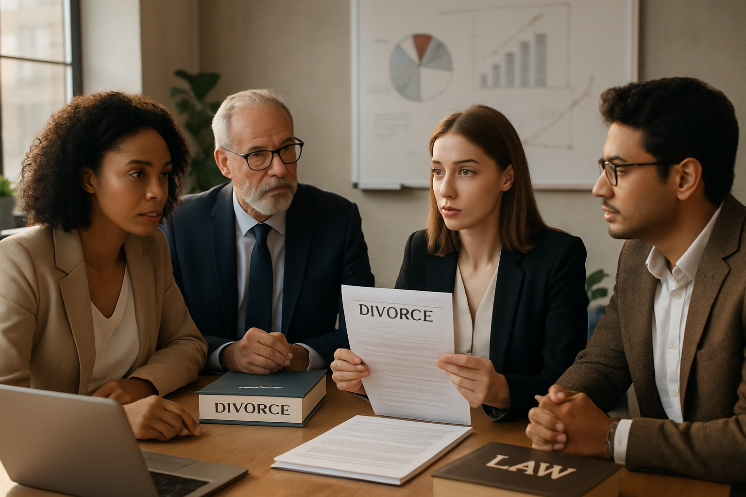 Group discussing legal documents in a professional office setting