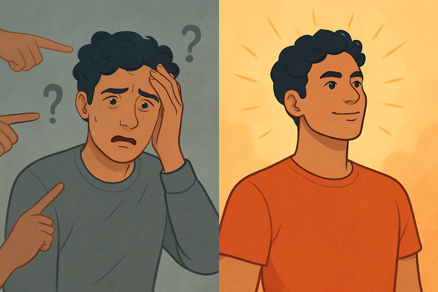 A split image showing confusion and empowerment in divorce scenarios.