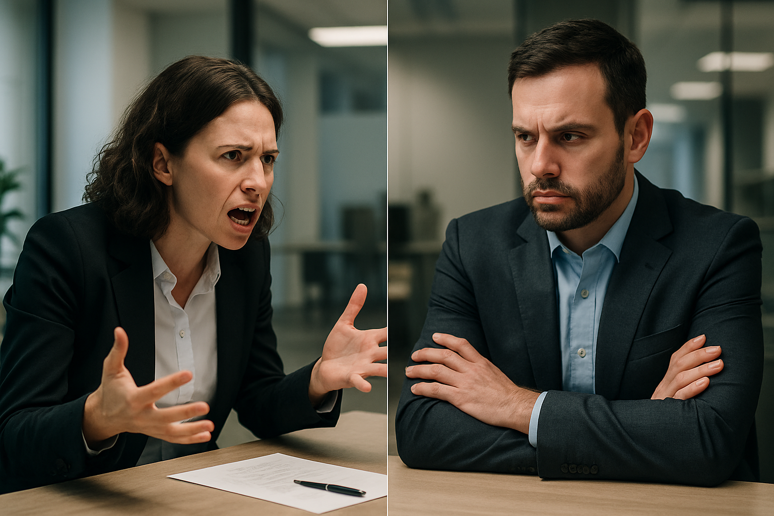 Tense negotiation between two individuals in a professional setting