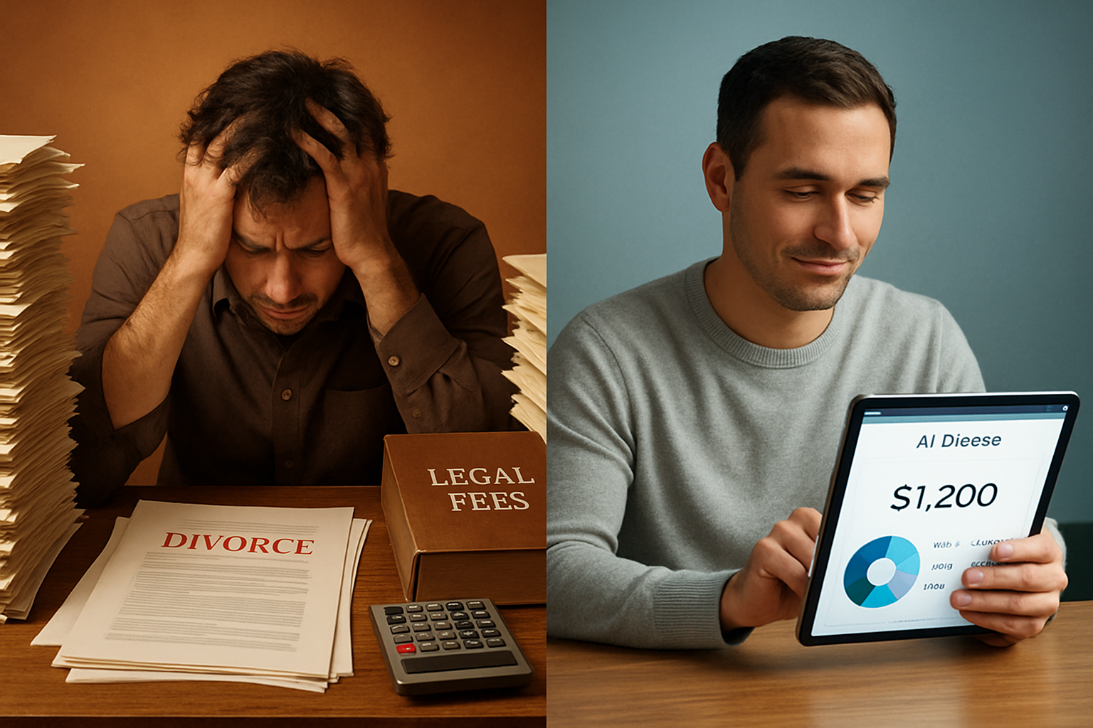 A split image contrasting traditional divorce challenges with modern AI solutions.