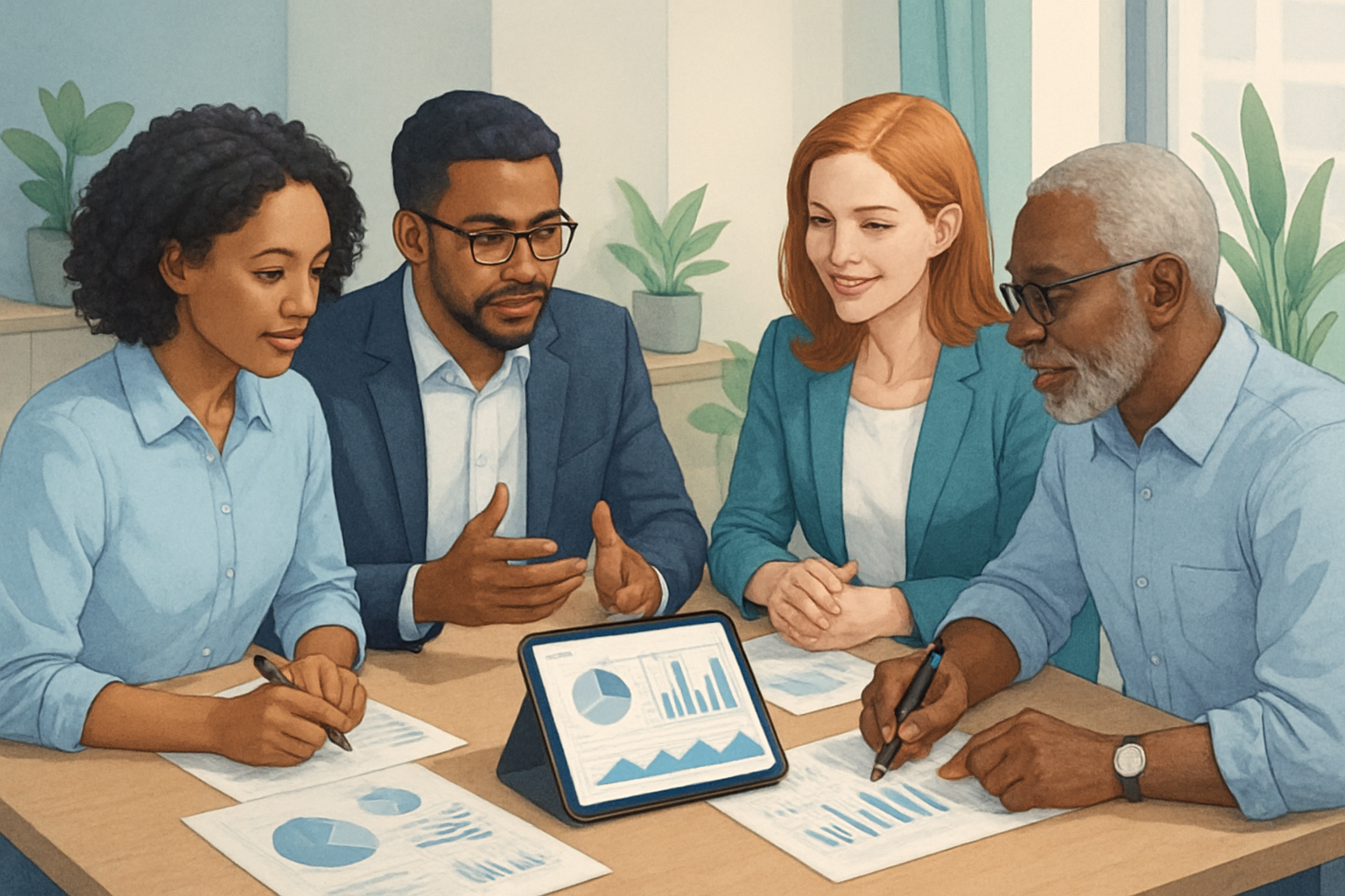 A diverse group analyzing financial documents in a modern office setting.