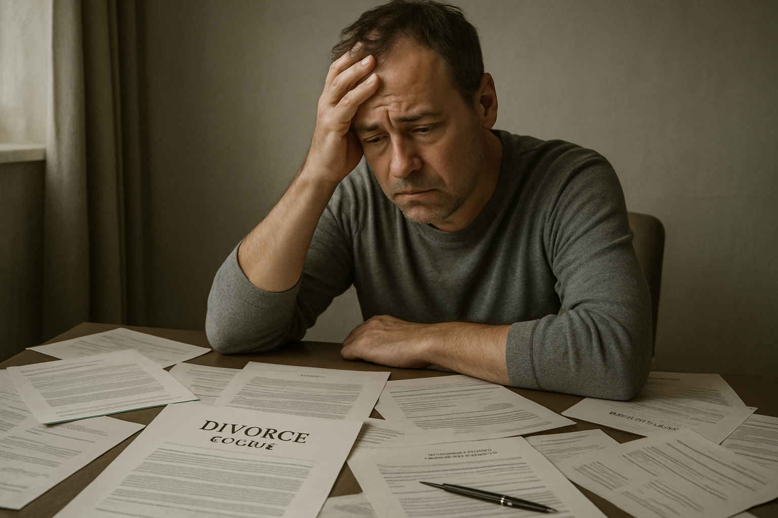Stressed individual surrounded by divorce paperwork and documents.