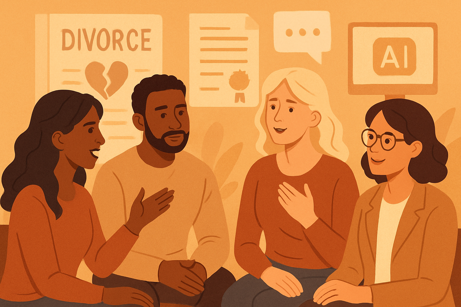 A supportive group discussing their divorce experiences and solutions.