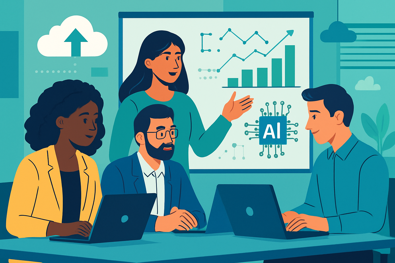 Professionals collaborating on AI SaaS development in a modern workspace.