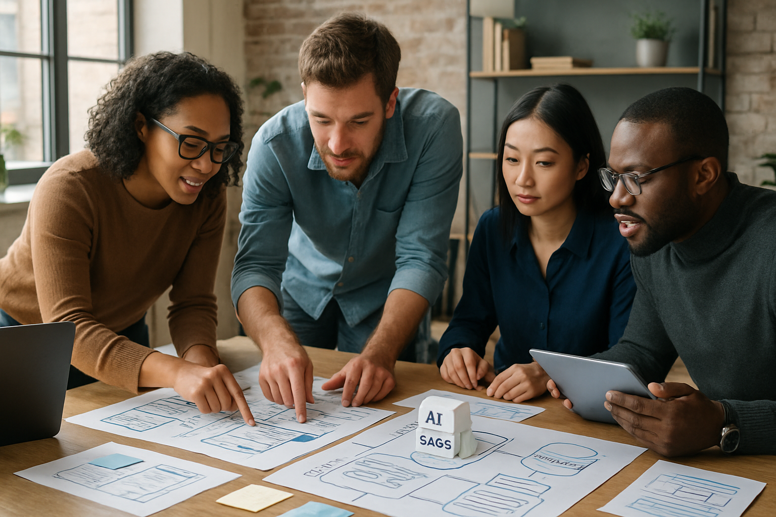 Diverse team collaborating on AI SaaS solutions in a modern office.