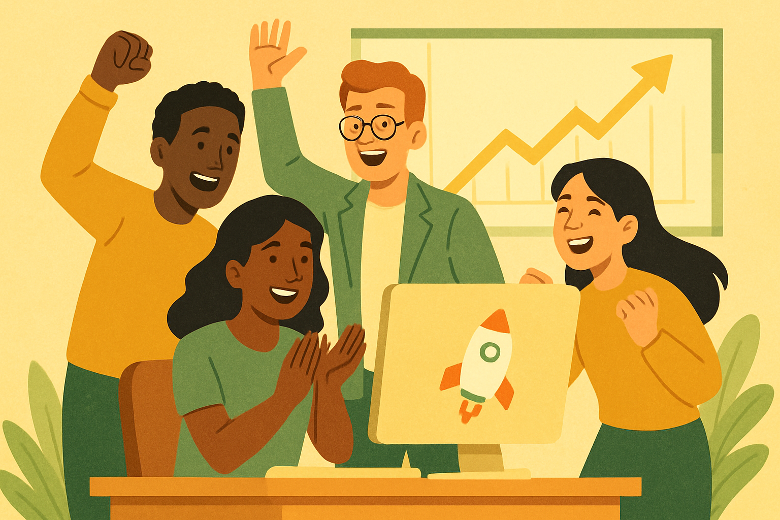 Team celebrating a successful software launch with growth metrics displayed.