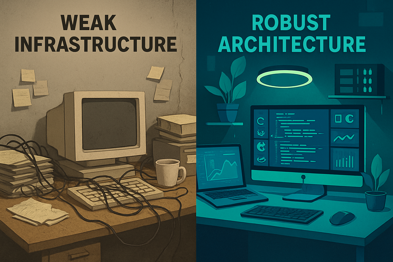 Contrasting workspaces: chaotic vs. organized, representing weak vs. strong foundations.
