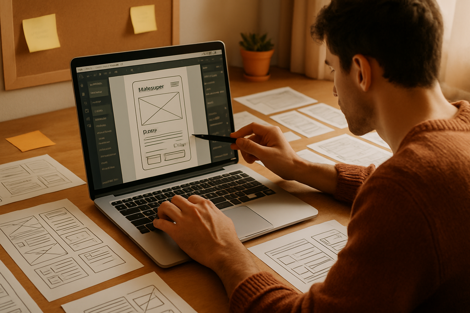 Designer creating user interface sketches in a modern workspace