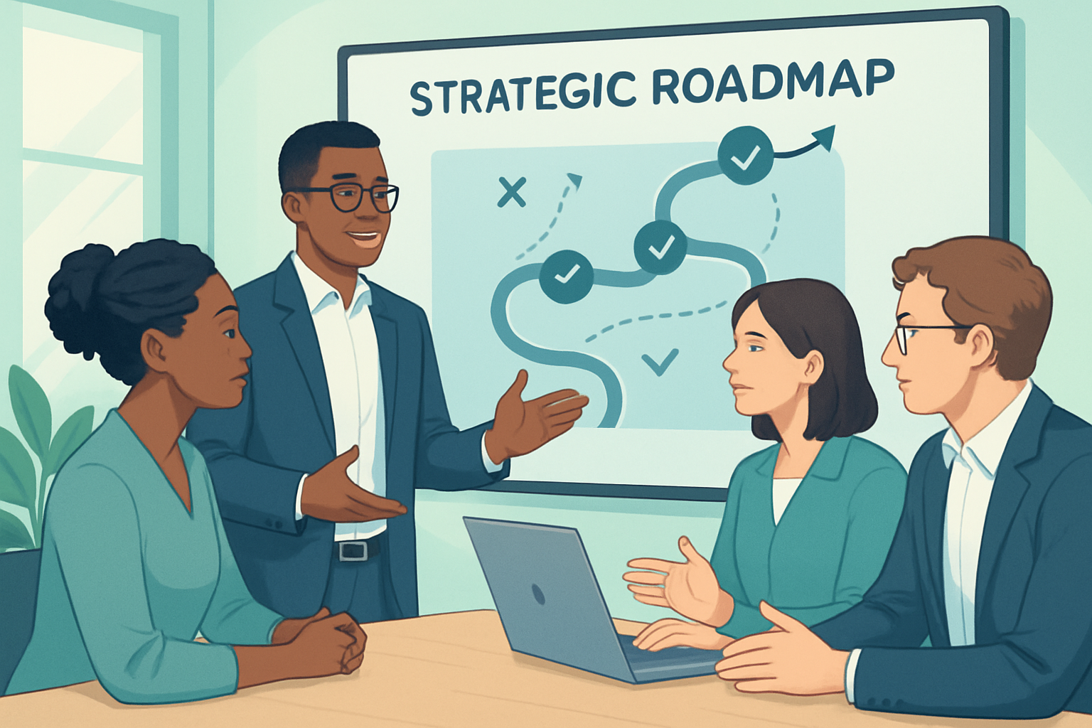 Team collaborating on a strategic roadmap in a modern office