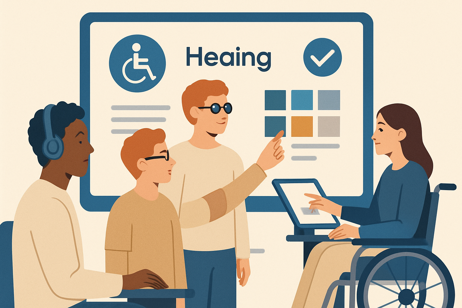 Diverse users interacting with an accessible digital interface.