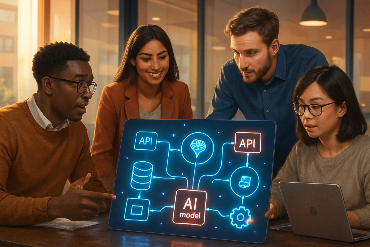 A diverse team collaborating on API integration in a modern office.