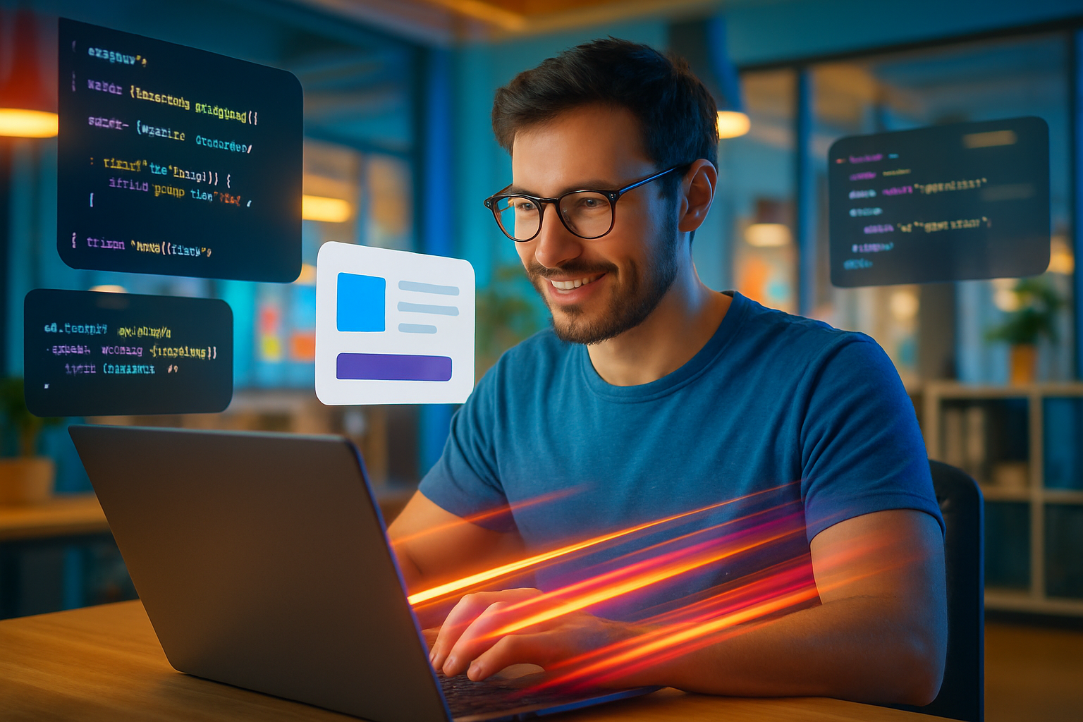 Developer creating custom solutions on a laptop in a tech workspace.