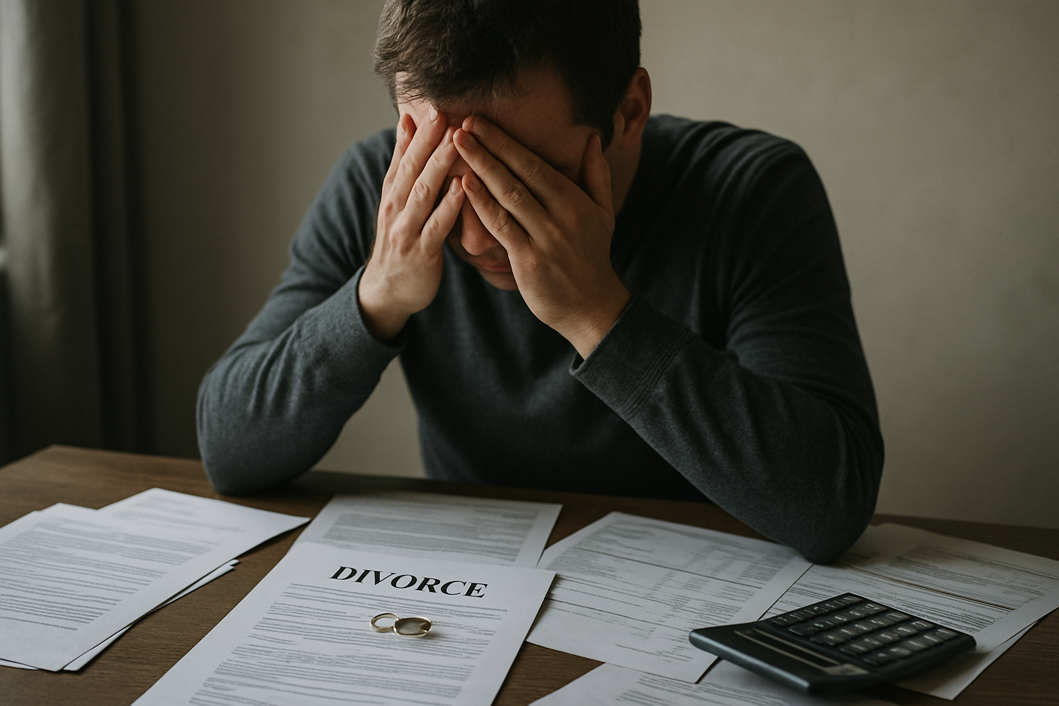 Stressed individual surrounded by divorce documents and financial statements