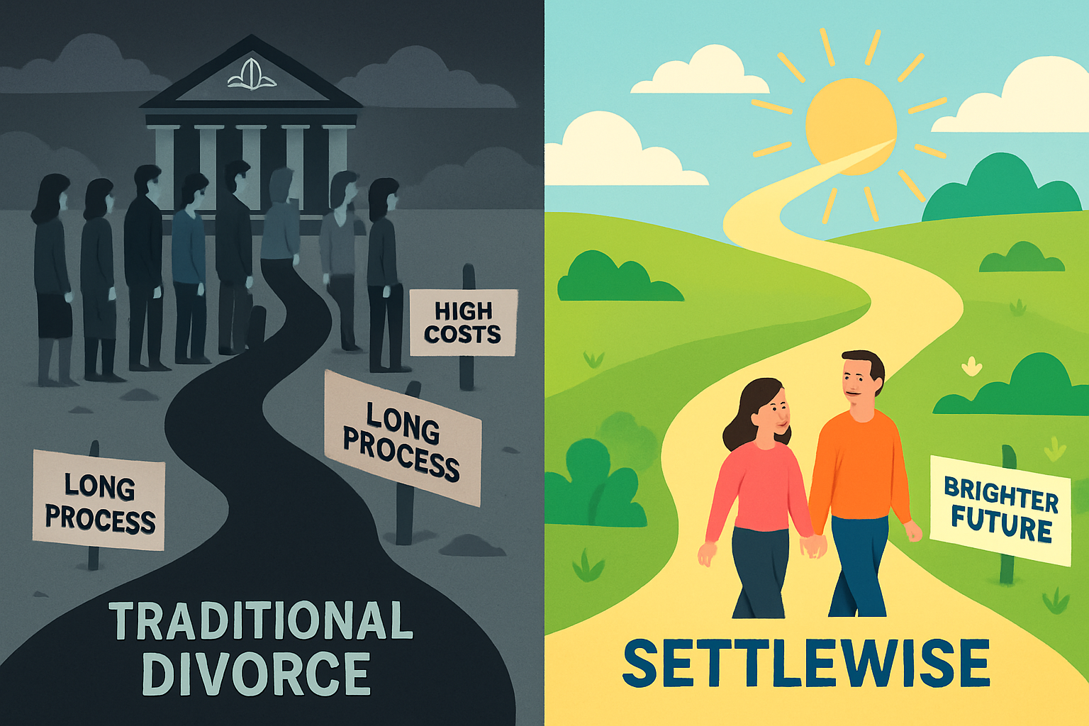 Comparison of traditional divorce process and SettleWise benefits