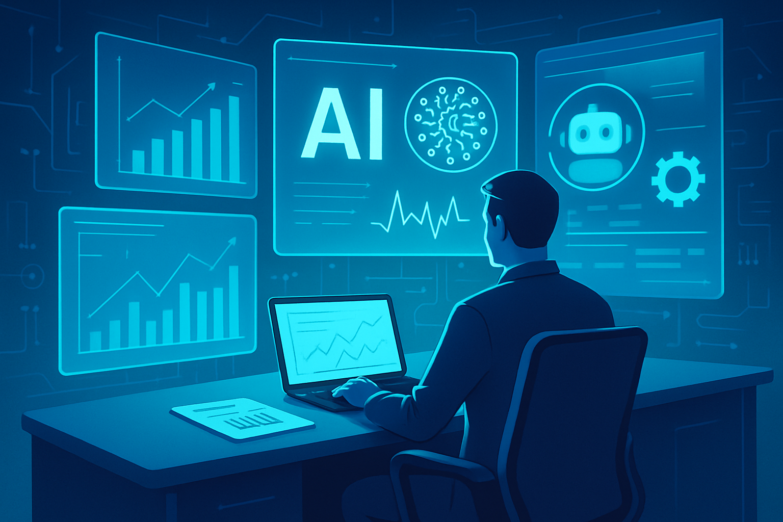 Professional analyzing AI-driven data in a high-tech workspace.