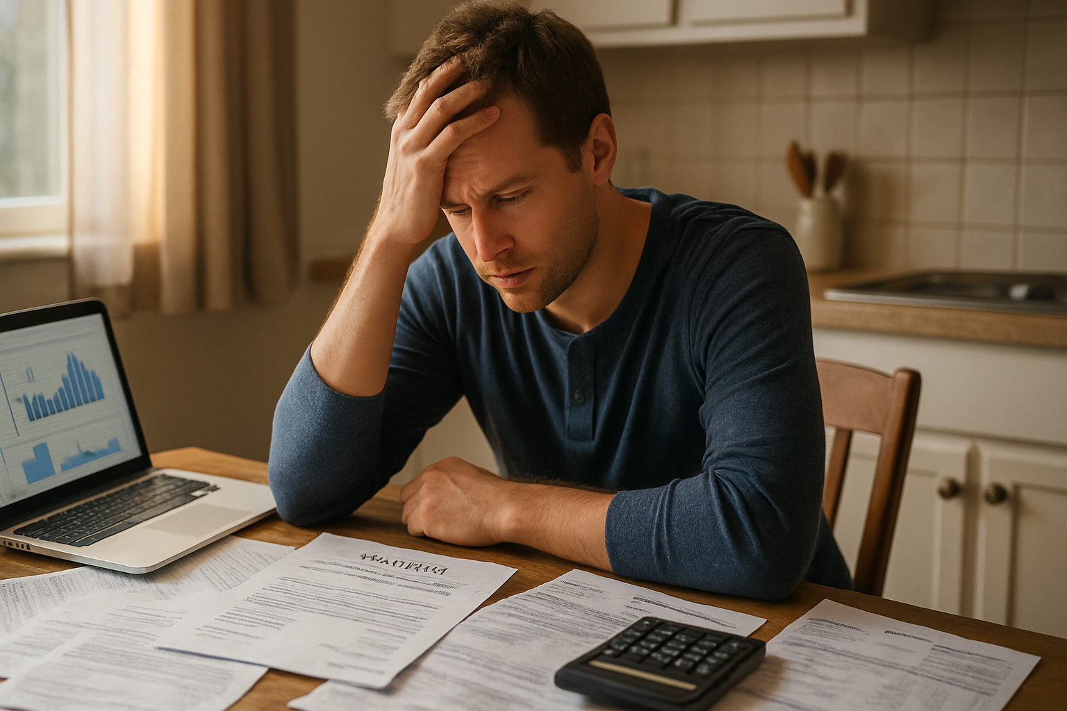 Individual reviewing divorce financial documents at a kitchen table