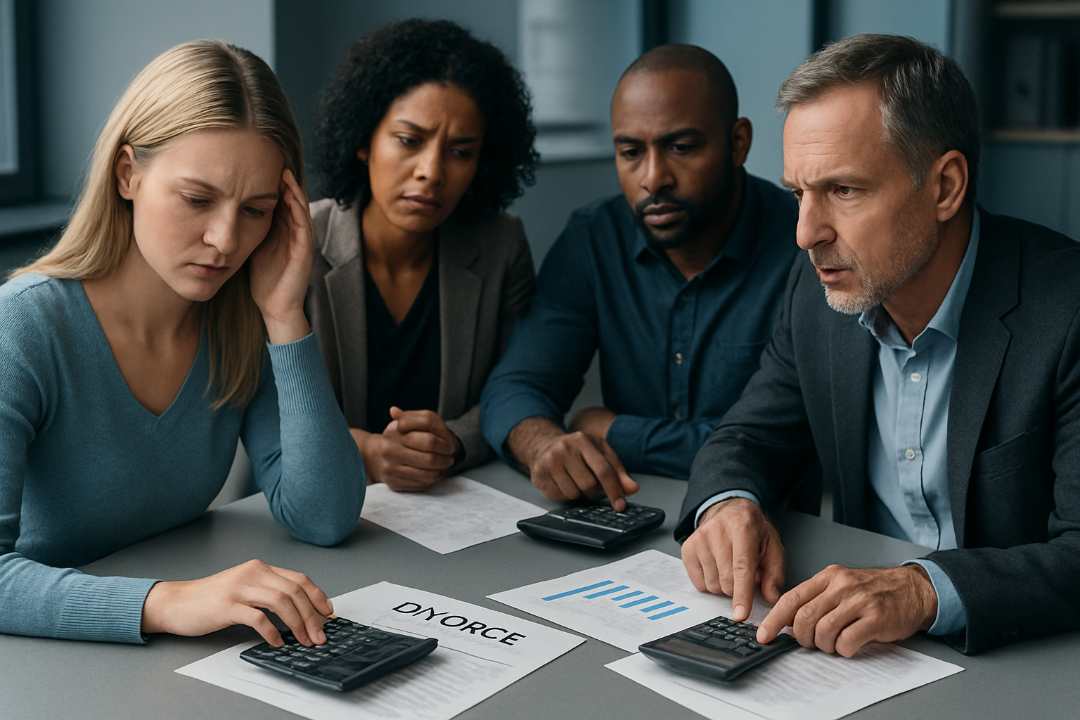 Individuals analyzing financial documents during a divorce process