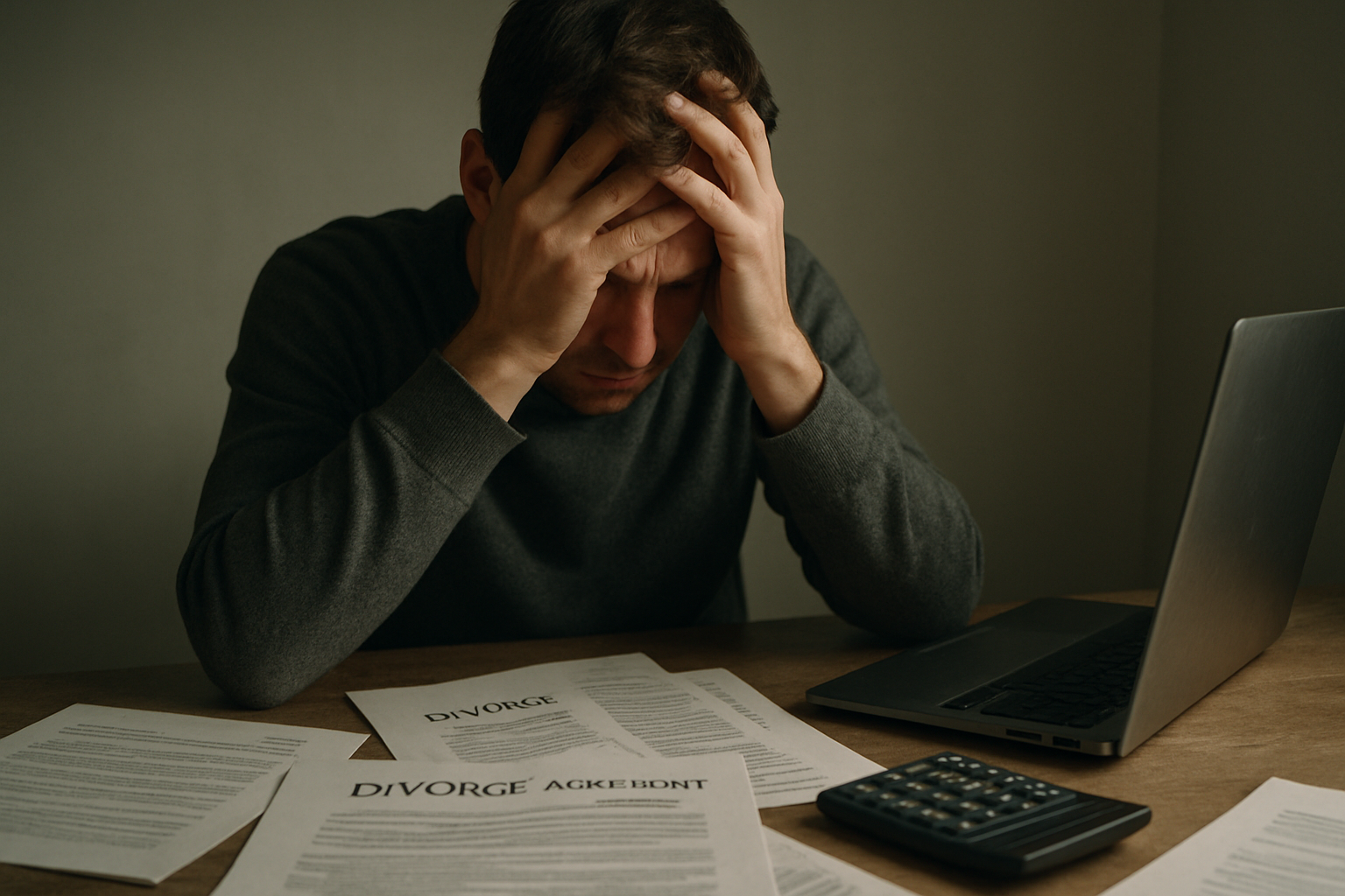 Stressed individual surrounded by divorce paperwork and a calculator