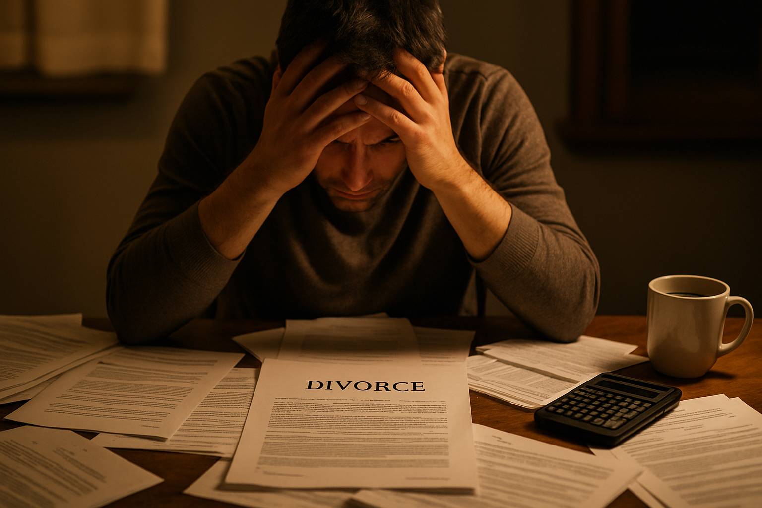 Individual overwhelmed by divorce paperwork at a desk