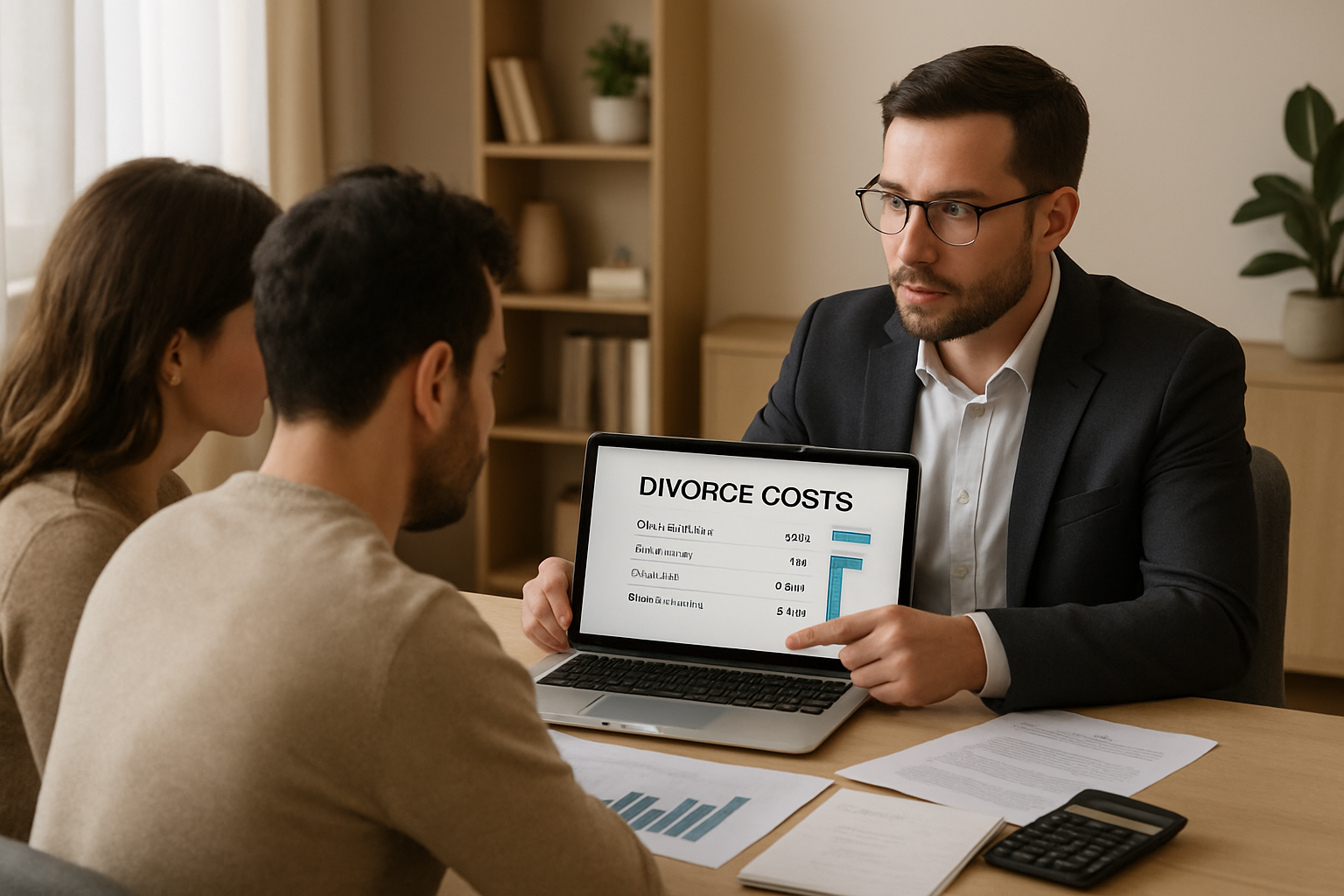 Couple discussing divorce costs with a financial advisor in a modern office.