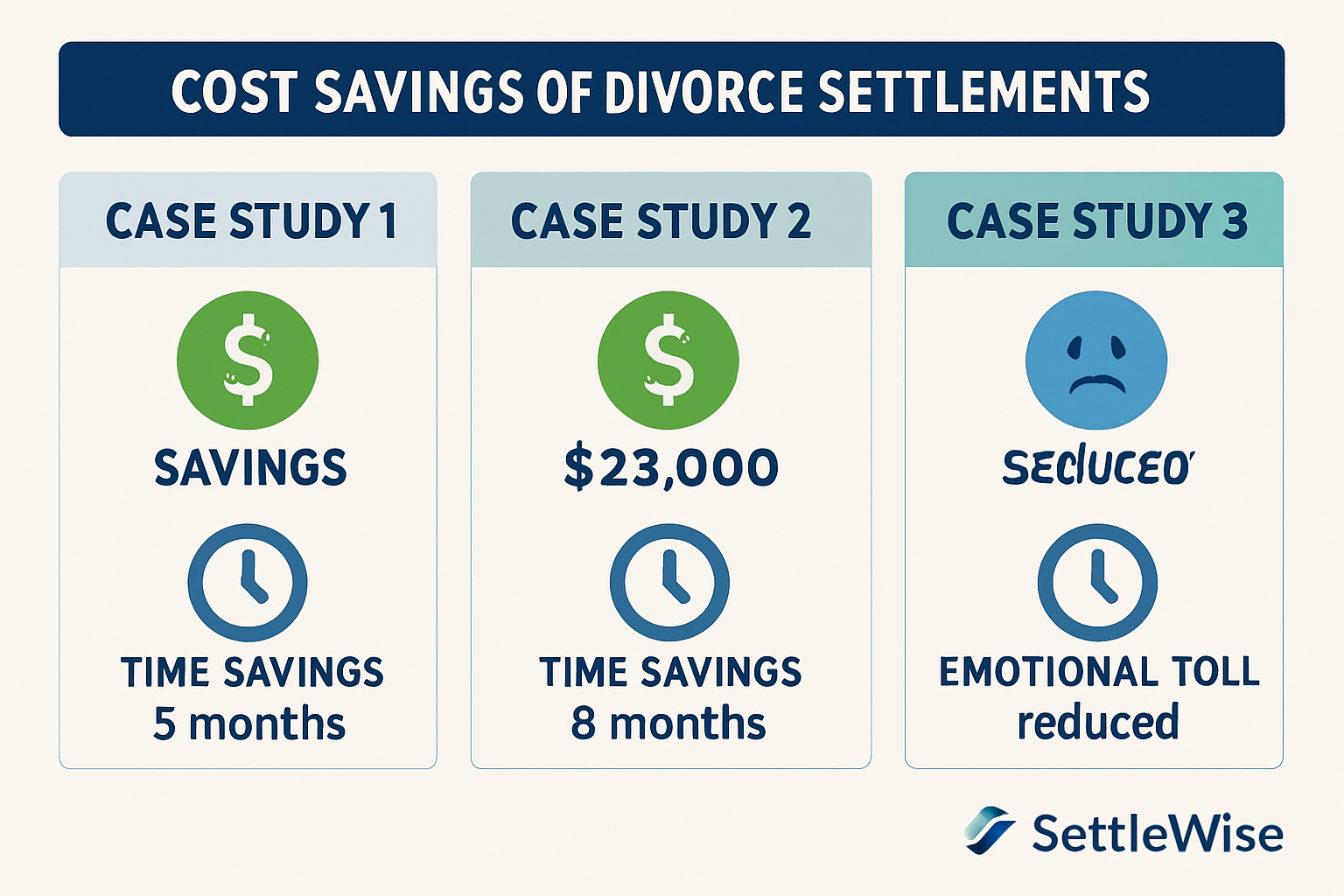 Infographic illustrating savings from SettleWise case studies in divorce costs.