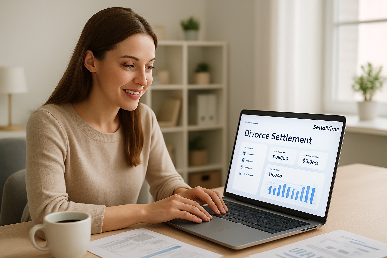 Woman using SettleWise platform in a modern home office setting