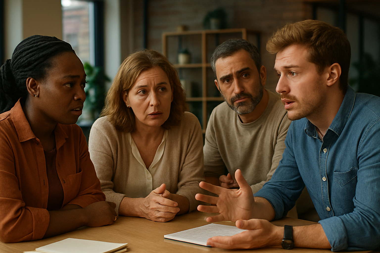 A diverse group discussing strategies in a modern office setting.