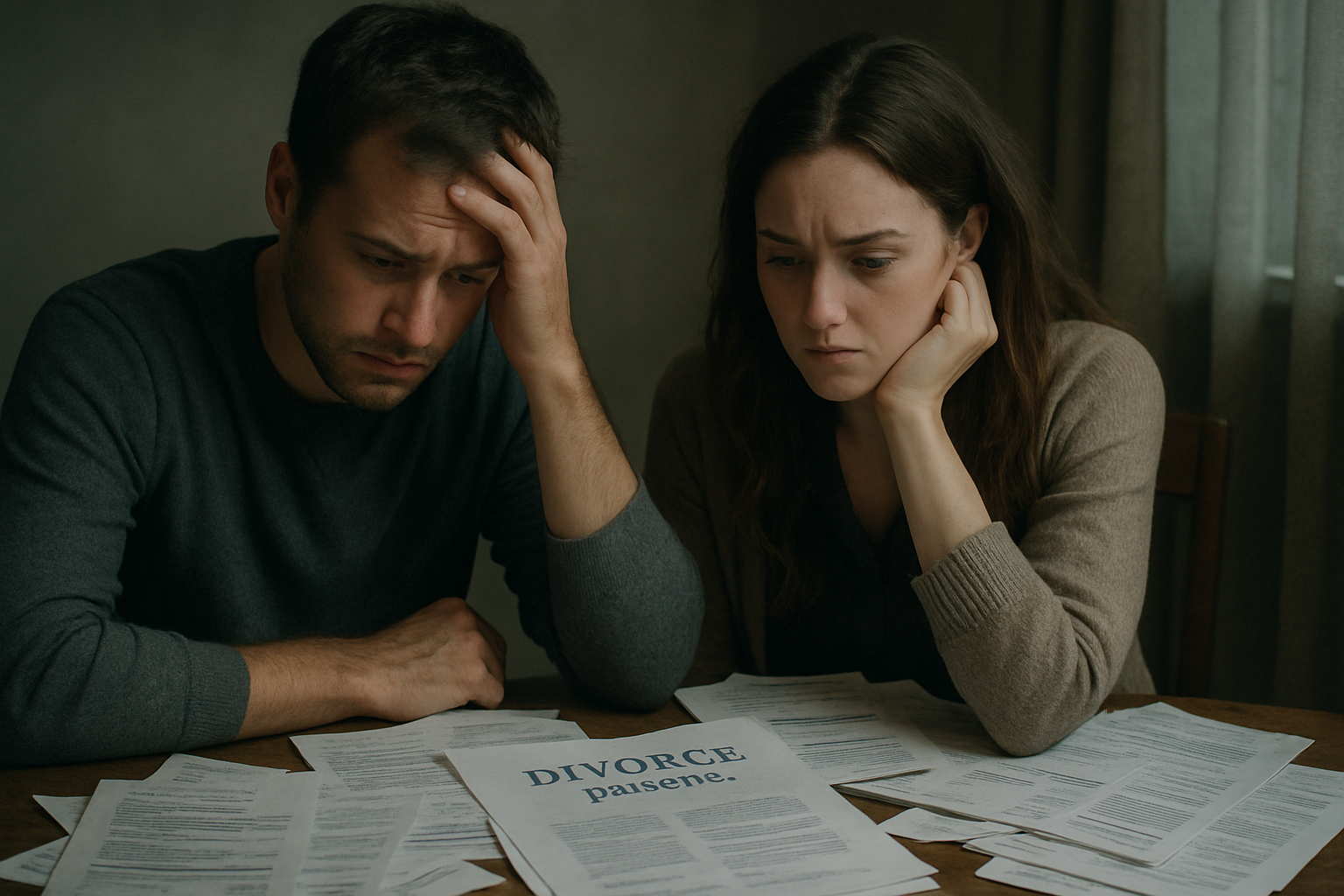 Stressed couple dealing with divorce paperwork and bills