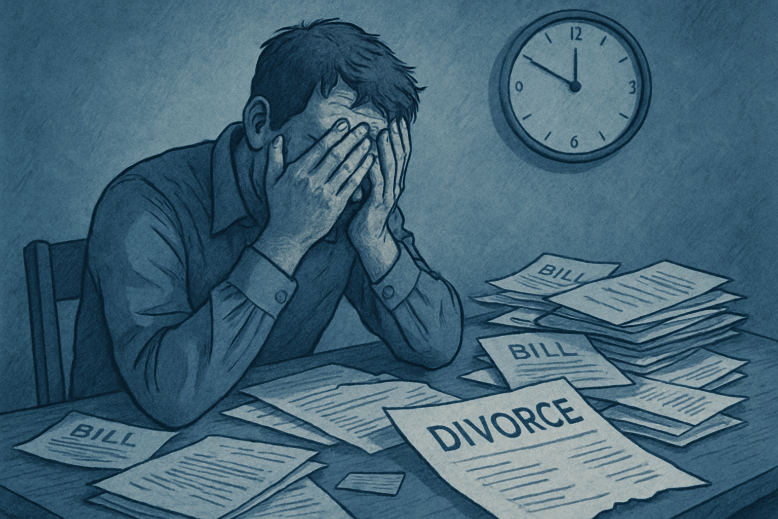 Stressed individual overwhelmed by divorce paperwork and bills