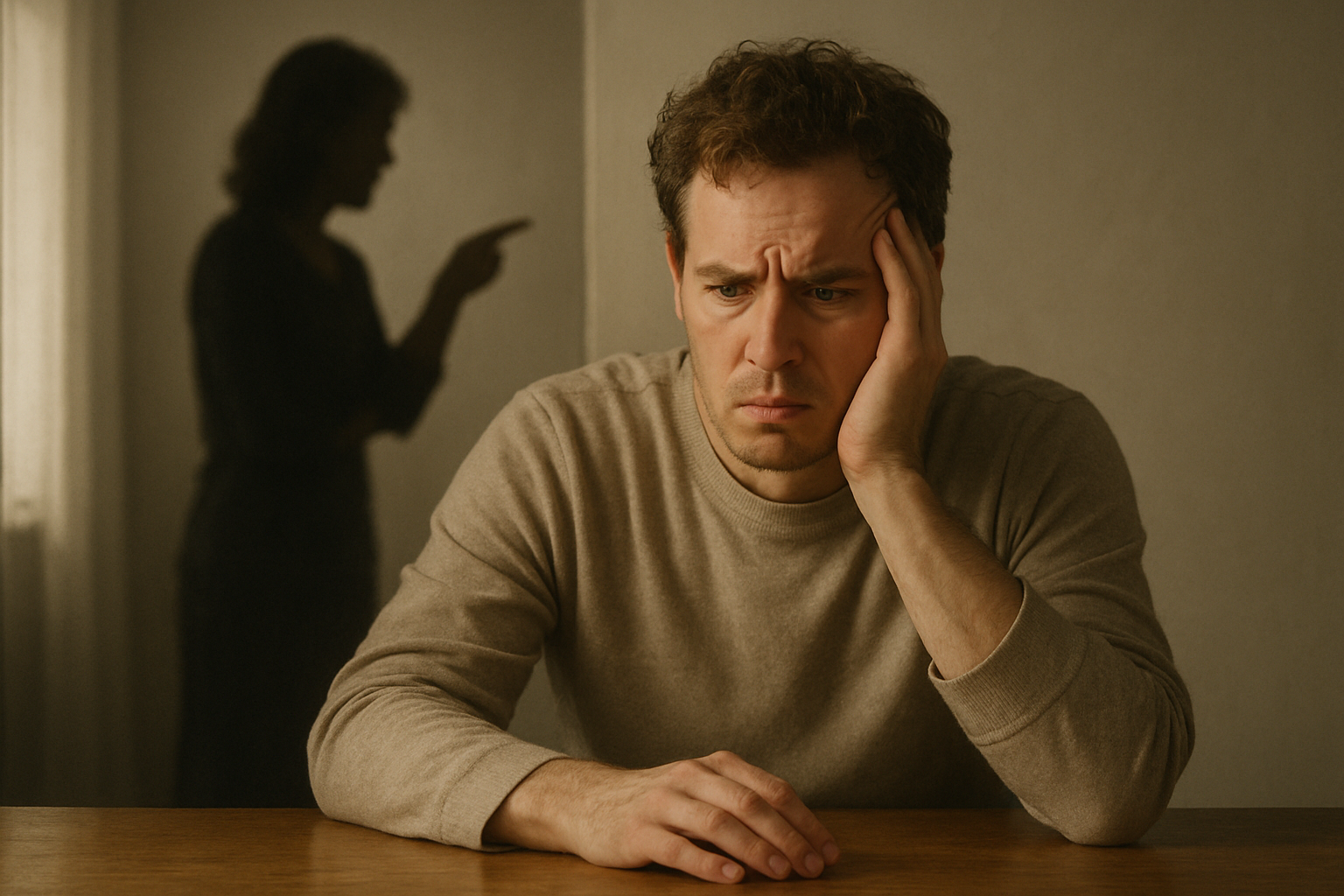 Person looking confused at a table, depicting emotional manipulation dynamics.