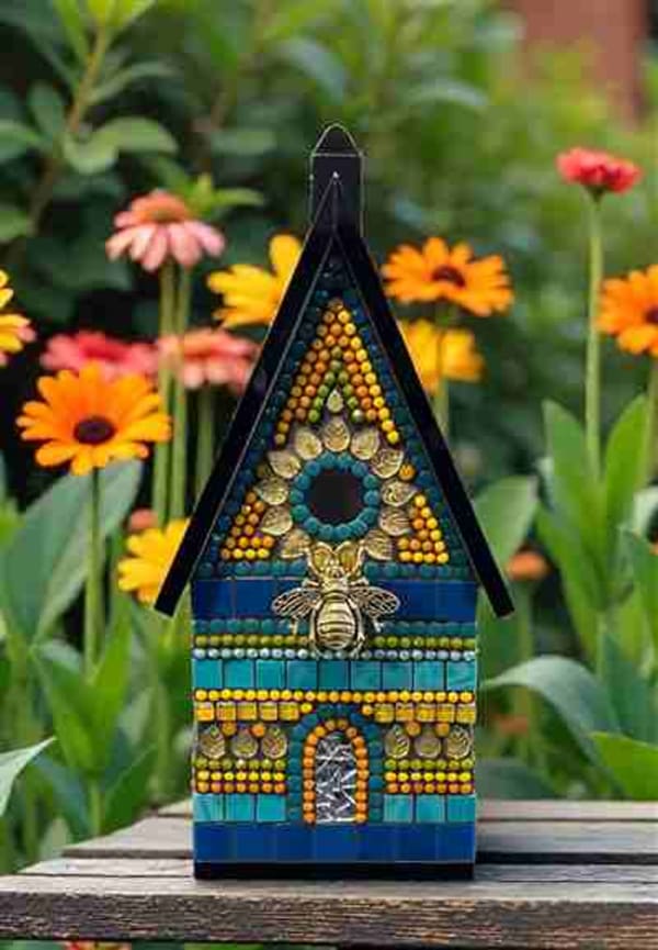Functional indoor/outdoor birdhouses. This birdhouse is completely waterproof, has a clean-out door, drain holes, mounting pole, and is very sturdy. It can be displayed indoors or outdoors. 6.75" wide, 6.25" deep, 15" high<br /><br />