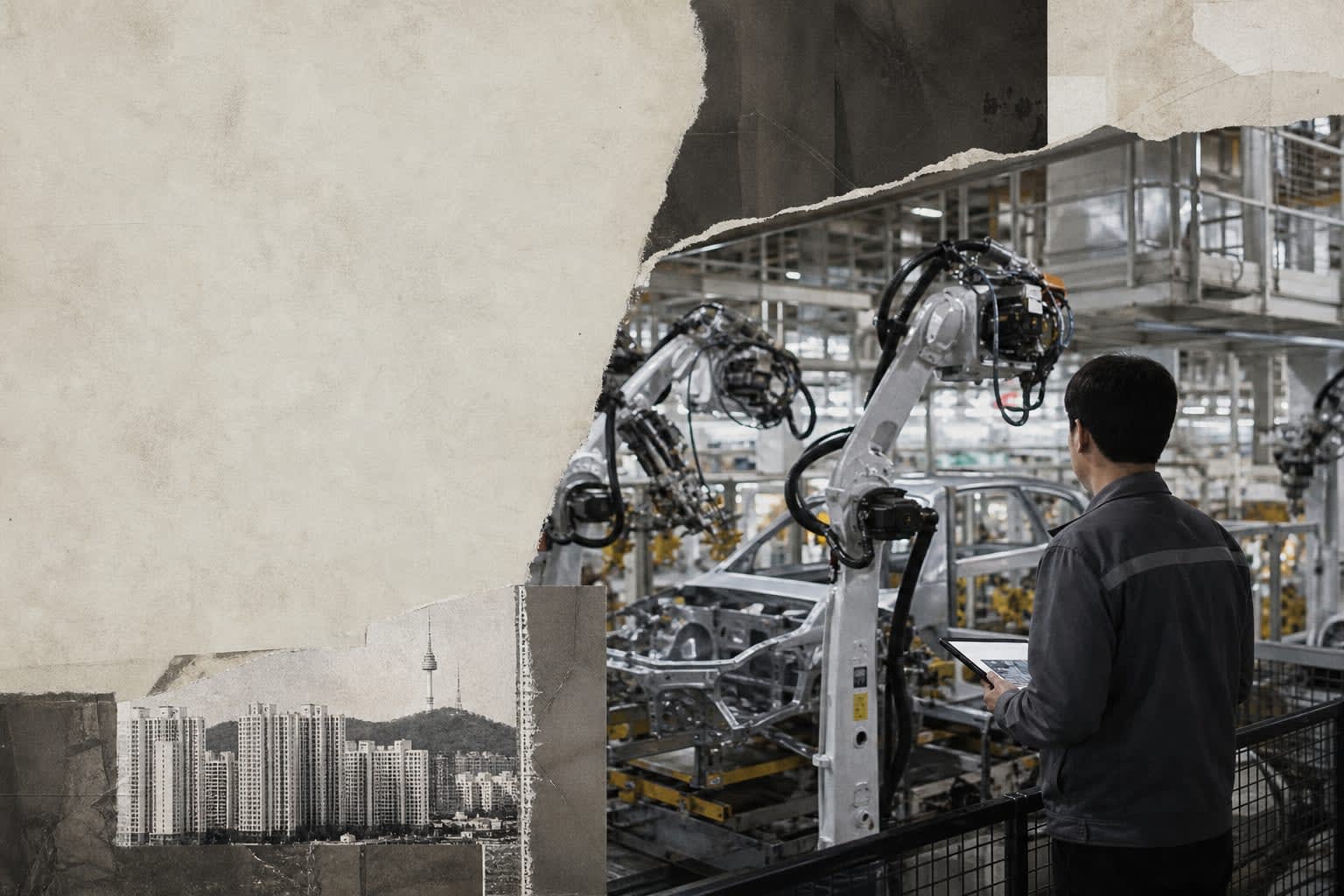 Modern automated factory floor in South Korea with robotic arms and AI monitoring systems