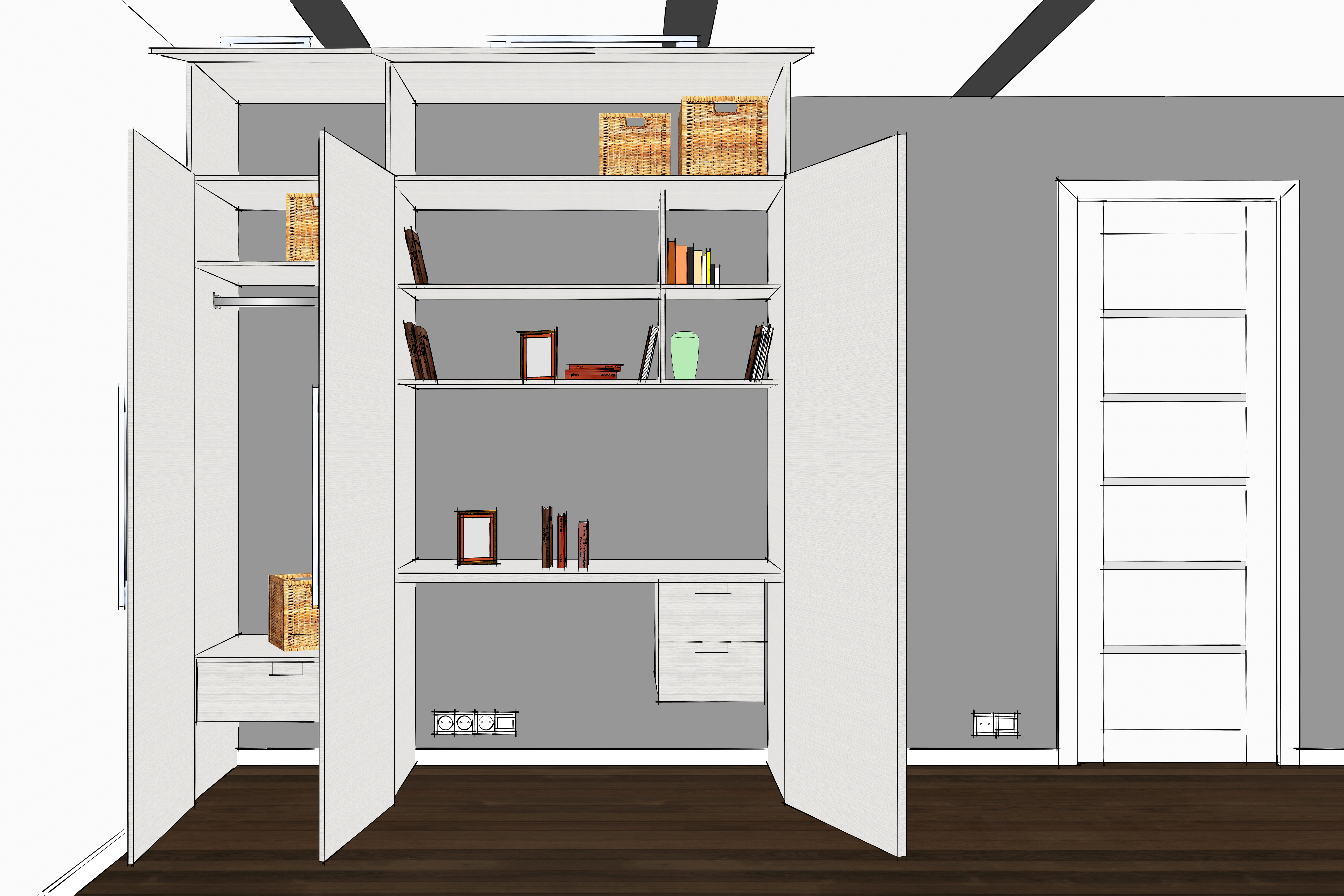 3D rendering. Wardrobe in the interior. Modern functional wardrobe with decorations and appliances. Home office with table. Table hidden in the closet. Home Interior Design Software Programs.