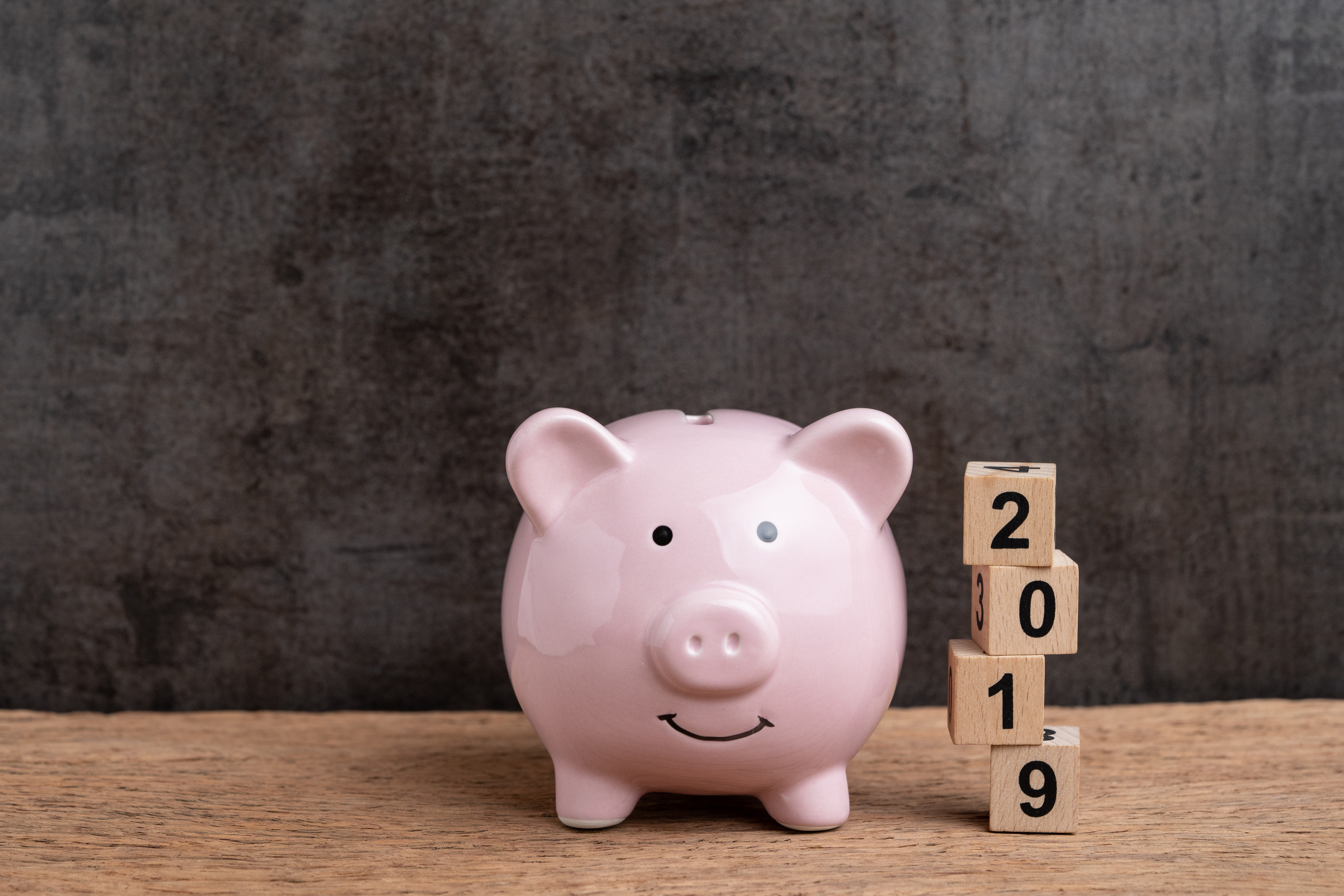 Year 2019 financial target, budget, investment or business goals concept, pink piggy bank and stack of cube wooden block building year number 2019 on wood table with dark blackboard background