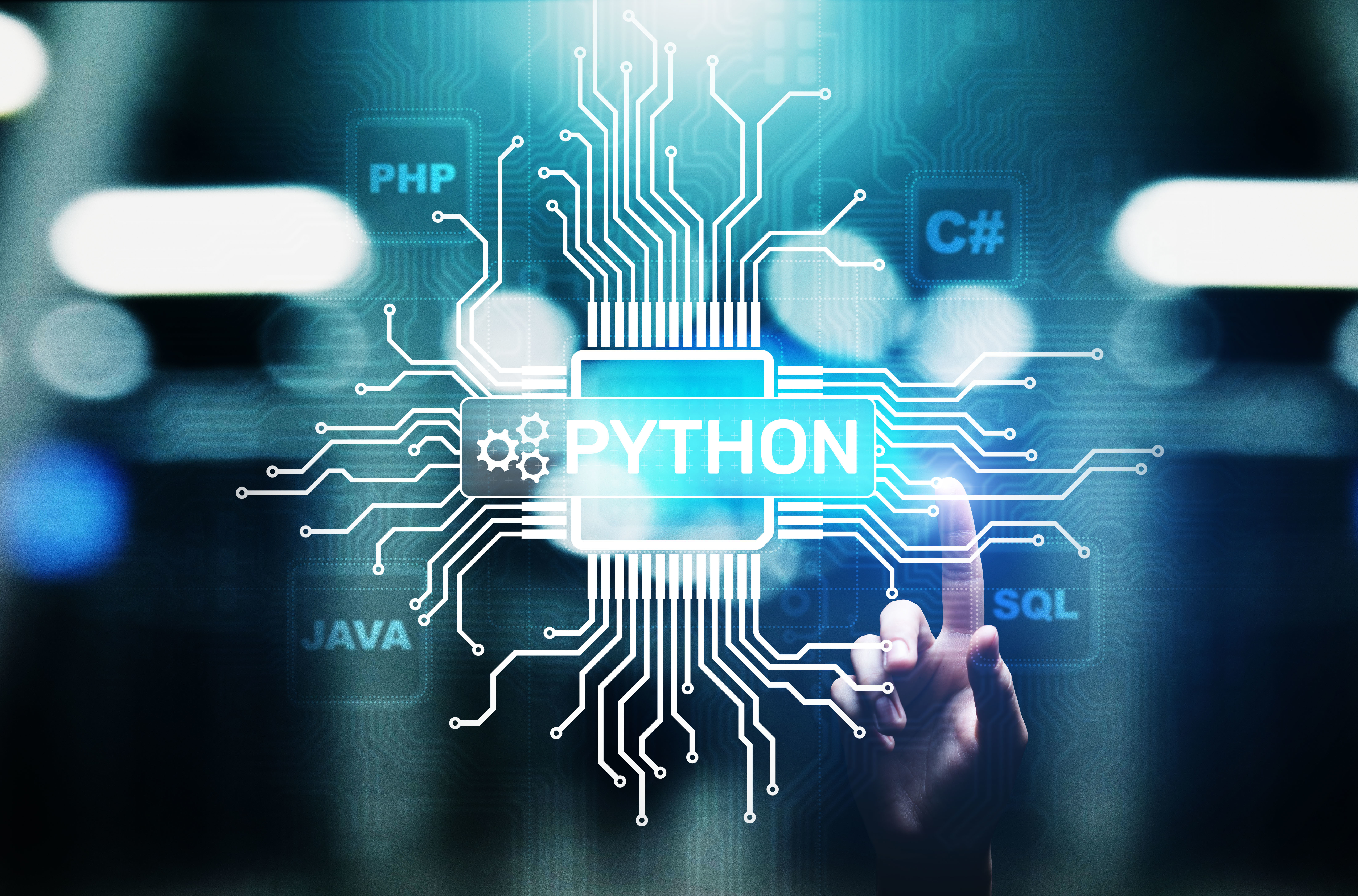 Python high-level programing language. Application and web development concept on virtual screen.