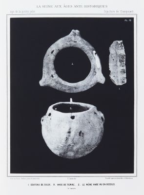 1. Couteau de silex, 2. Vase de terre, 3. Le même vase vu en dessus