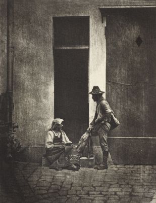 Pifferaro debout et paysanne italienne assise, dans la cour du 21 Quai Bourbon